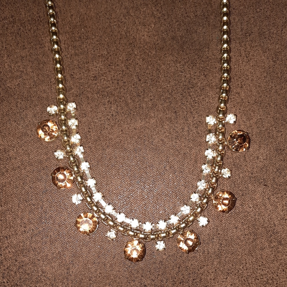 pretty formal rhinestone bib necklace adjustable length goldtone honey brown